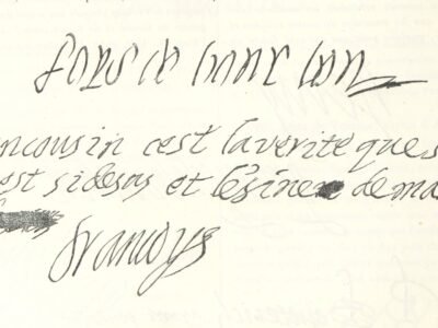 Página manuscrita antiga com uma linha inteira riscada a tinta e uma assinatura logo abaixo