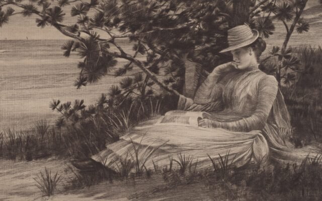 Litografia de 1888 em que uma mulher sentada sob um pinheiro, à beira-mar, segura um livro aberto no colo e desvia o olhar da página.