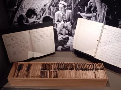 Dois cadernos manuscritos abertos e uma caixa de madeira cheia de fichas de papel, expostos diante de uma fotografia em preto e branco de trabalho de campo